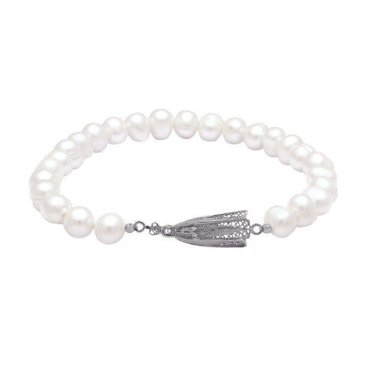 Pulseira Nossa Senhora de Fátima em Prata com Pérolas