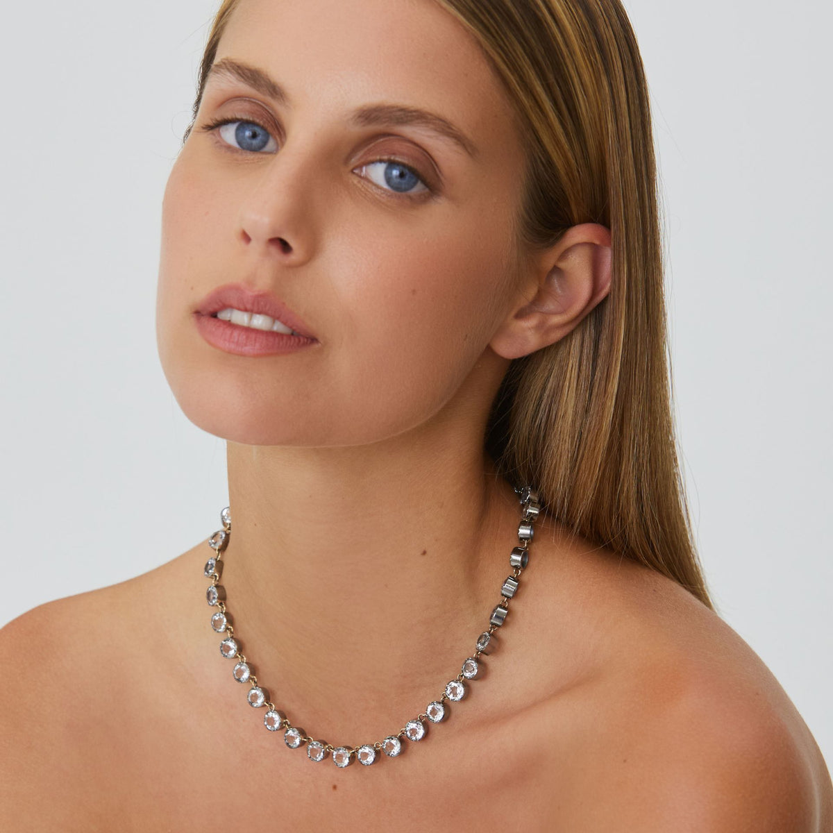Colar Riviera Cristal de Rocha em Prata e Ouro