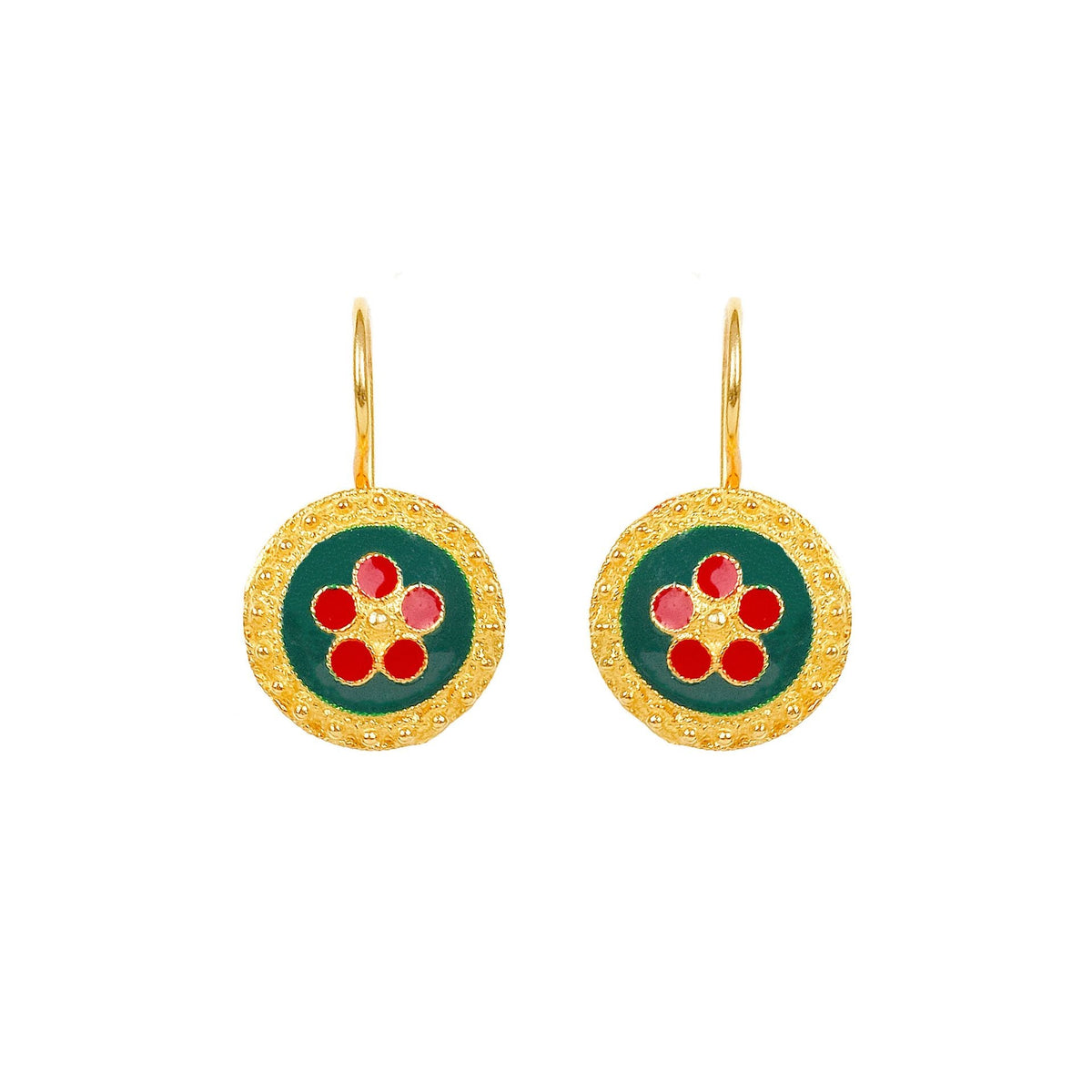 Brincos Caramujo Verde e Vermelho em Prata Dourada