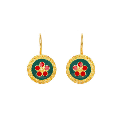 Brincos Caramujo Verde e Vermelho em Prata Dourada