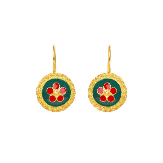 Brincos Caramujo Verde e Vermelho em Prata Dourada