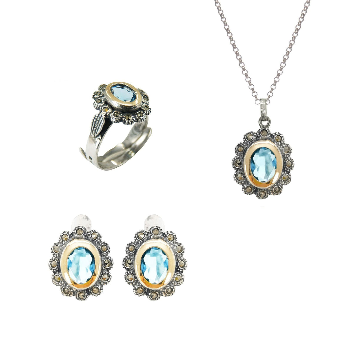 Conjunto Azul Marcassites em Prata e Ouro