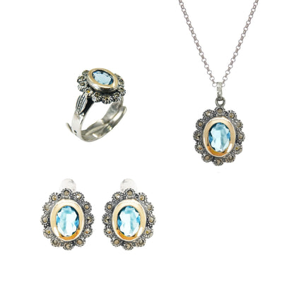 Conjunto Azul Marcassites em Prata e Ouro