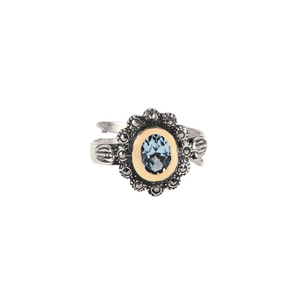 Anel Azul Marcassites em Prata e Ouro