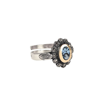 Anel Azul Marcassites em Prata e Ouro