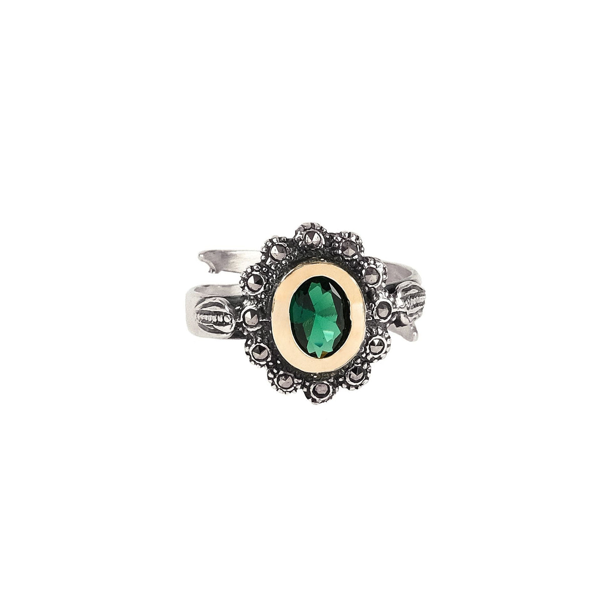 Anel Verde Marcassites em Prata e Ouro
