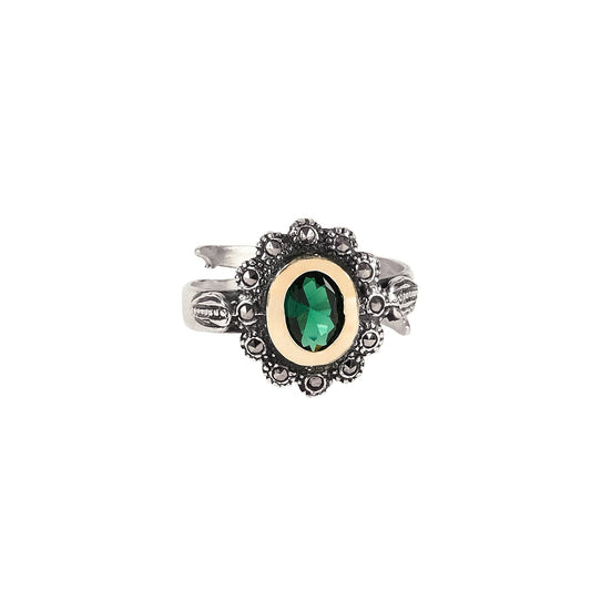 Anel Verde Marcassites em Prata e Ouro