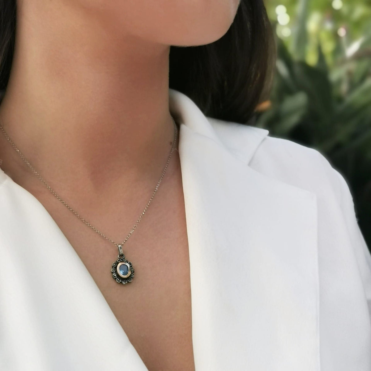 Conjunto Azul Marcassites em Prata e Ouro