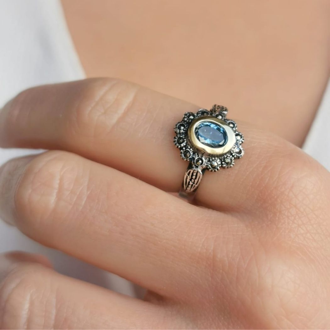 Conjunto Azul Marcassites em Prata e Ouro