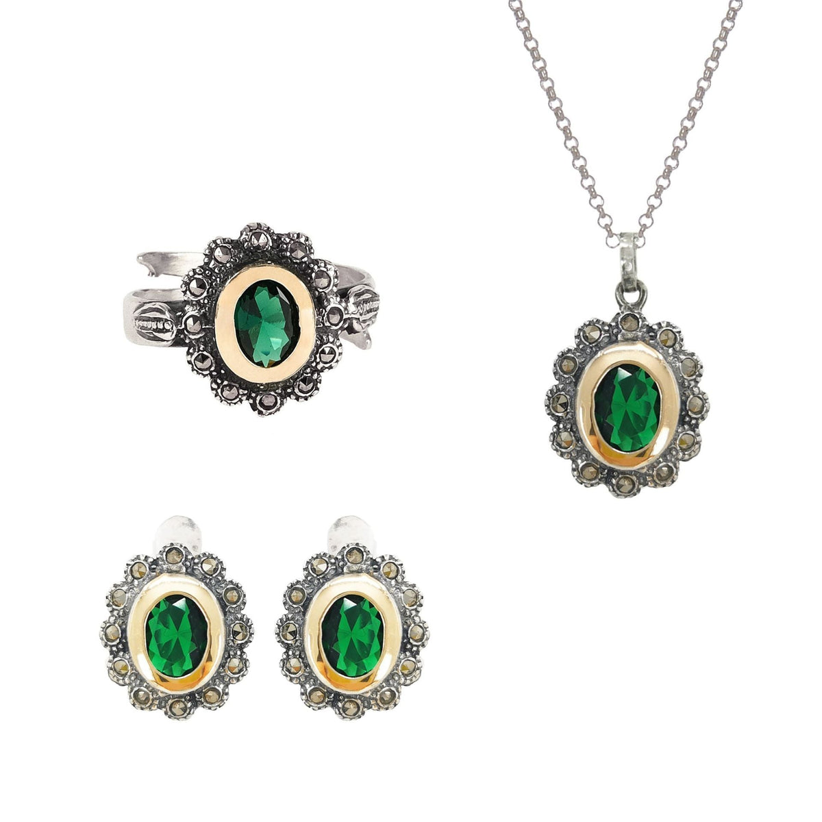 Conjunto Verde Marcassites em Prata e Ouro