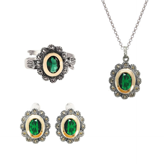 Conjunto Verde Marcassites em Prata e Ouro