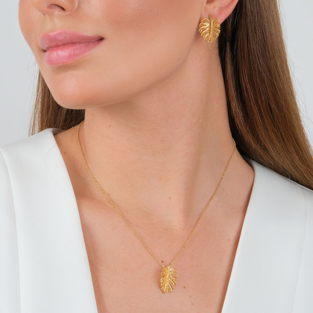Conjunto Monstera em Prata Dourada