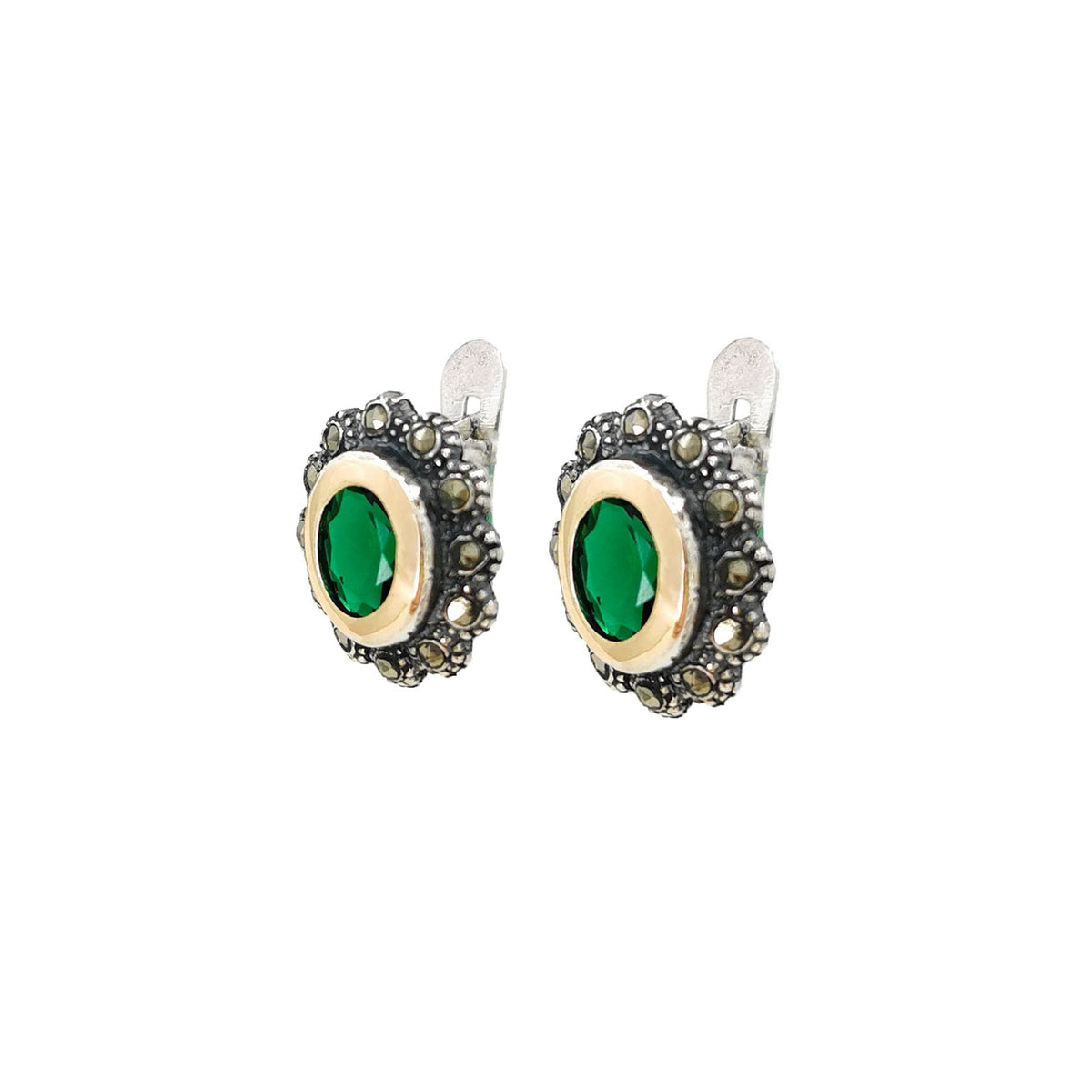 Brincos Verde Marcassites em Prata e Ouro