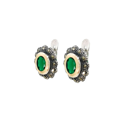 Brincos Verde Marcassites em Prata e Ouro