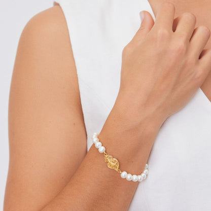 Pulseira Coração de Viana em Prata Dourada com Pérolas