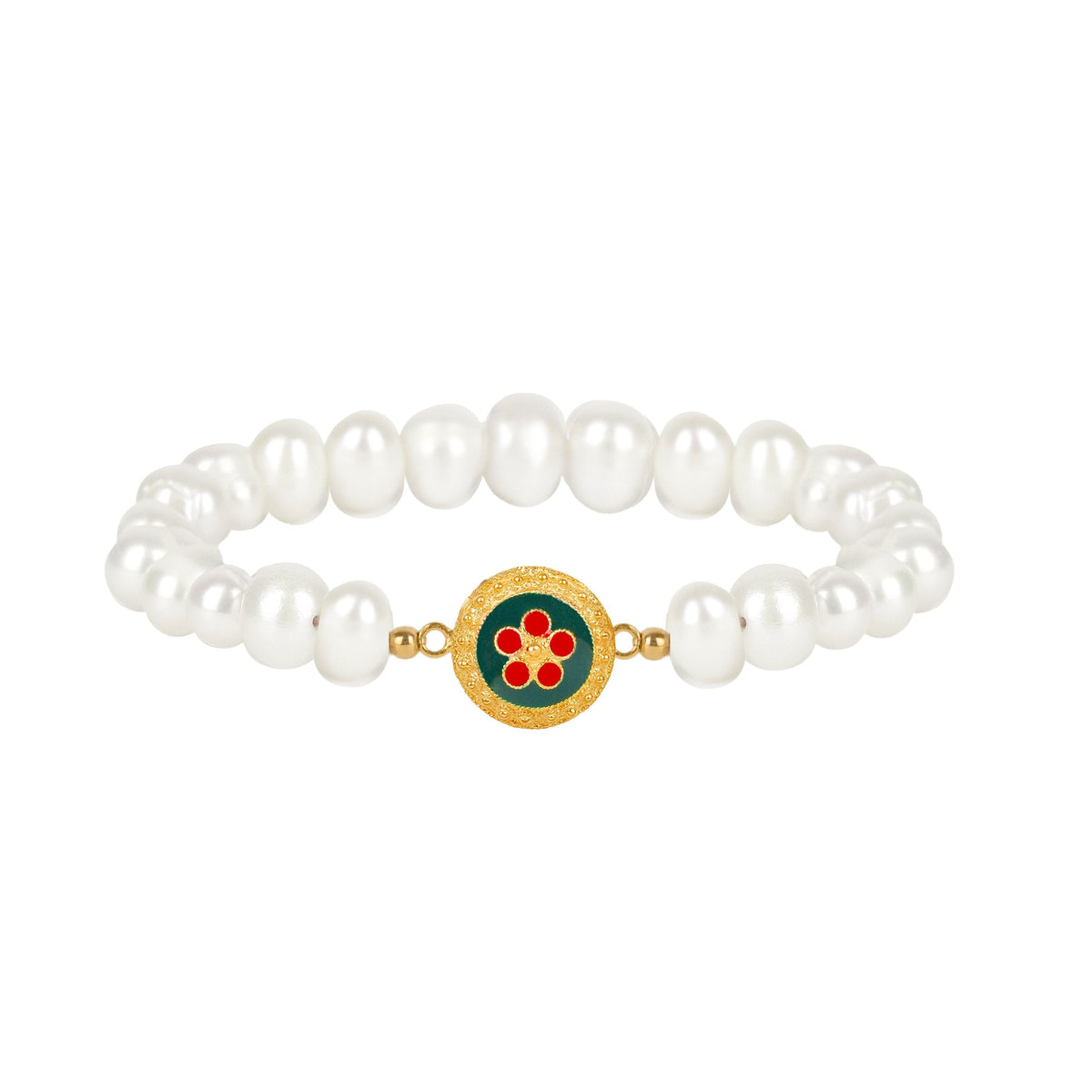 Pulseira Caramujo Verde e Vermelho em Prata Dourada com Pérolas