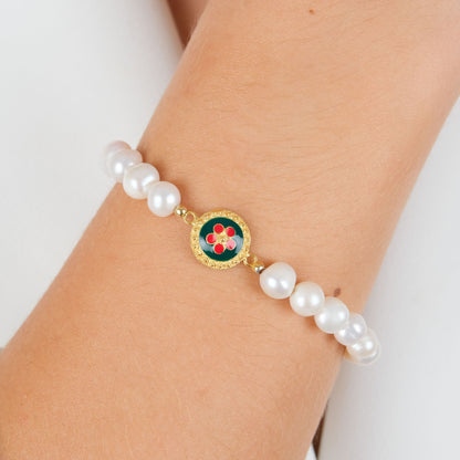 Pulseira Caramujo Verde e Vermelho em Prata Dourada com Pérolas