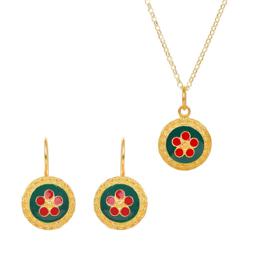 Conjunto Caramujo Verde e Vermelho em Prata Dourada