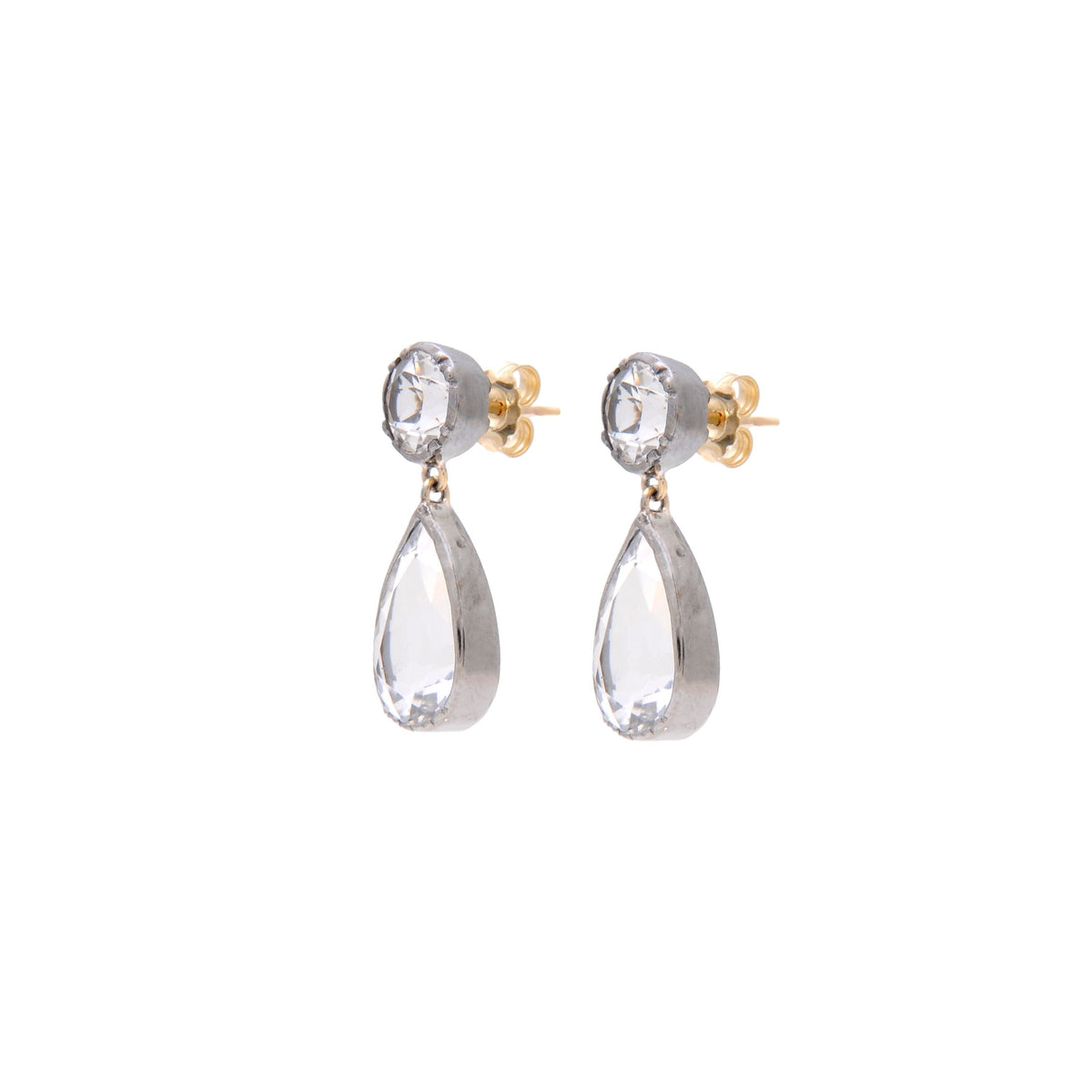 Brincos Gota Cristal de Rocha em Prata e Ouro