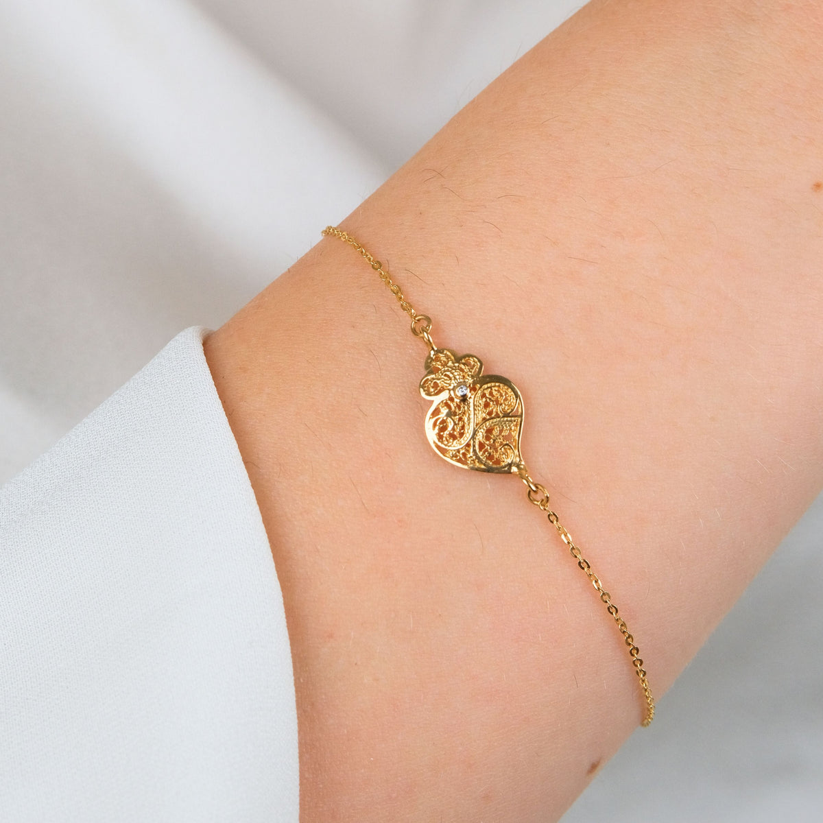 Pulseira Coração de Viana com Diamante em Ouro 19,2Kt