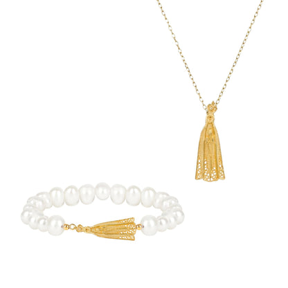 Conjunto Nossa Senhora de Fátima em Prata Dourada