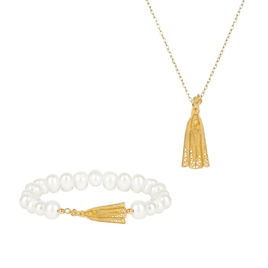 Conjunto Nossa Senhora de Fátima em Prata Dourada