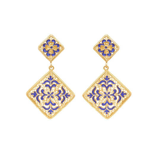 Brincos Azulejo em Prata Dourada