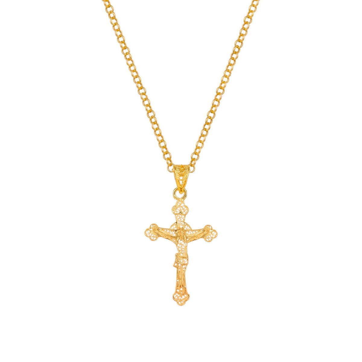 Colar Crucifixo Filigrana em Prata Dourada