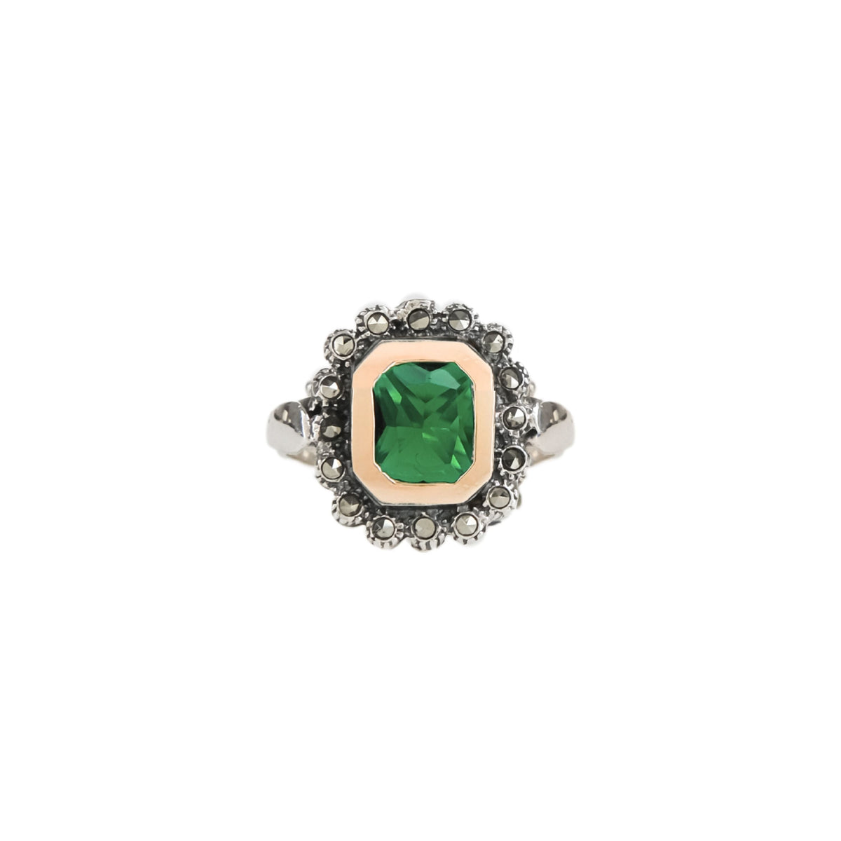 Anel Verde XL Marcassites em Prata e Ouro