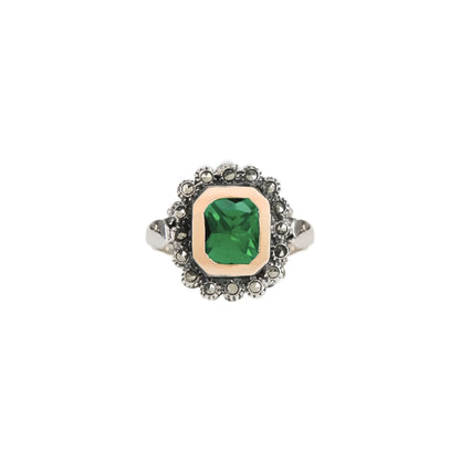 Anel Verde XL Marcassites em Prata e Ouro