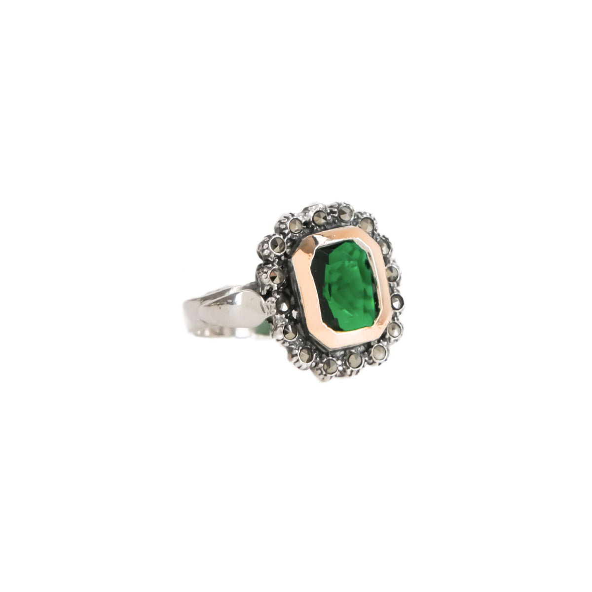 Anel Verde XL Marcassites em Prata e Ouro