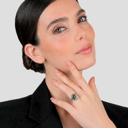Anel Verde XL Marcassites em Prata e Ouro