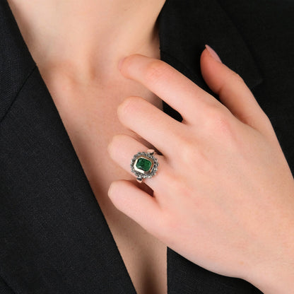 Anel Verde XL Marcassites em Prata e Ouro