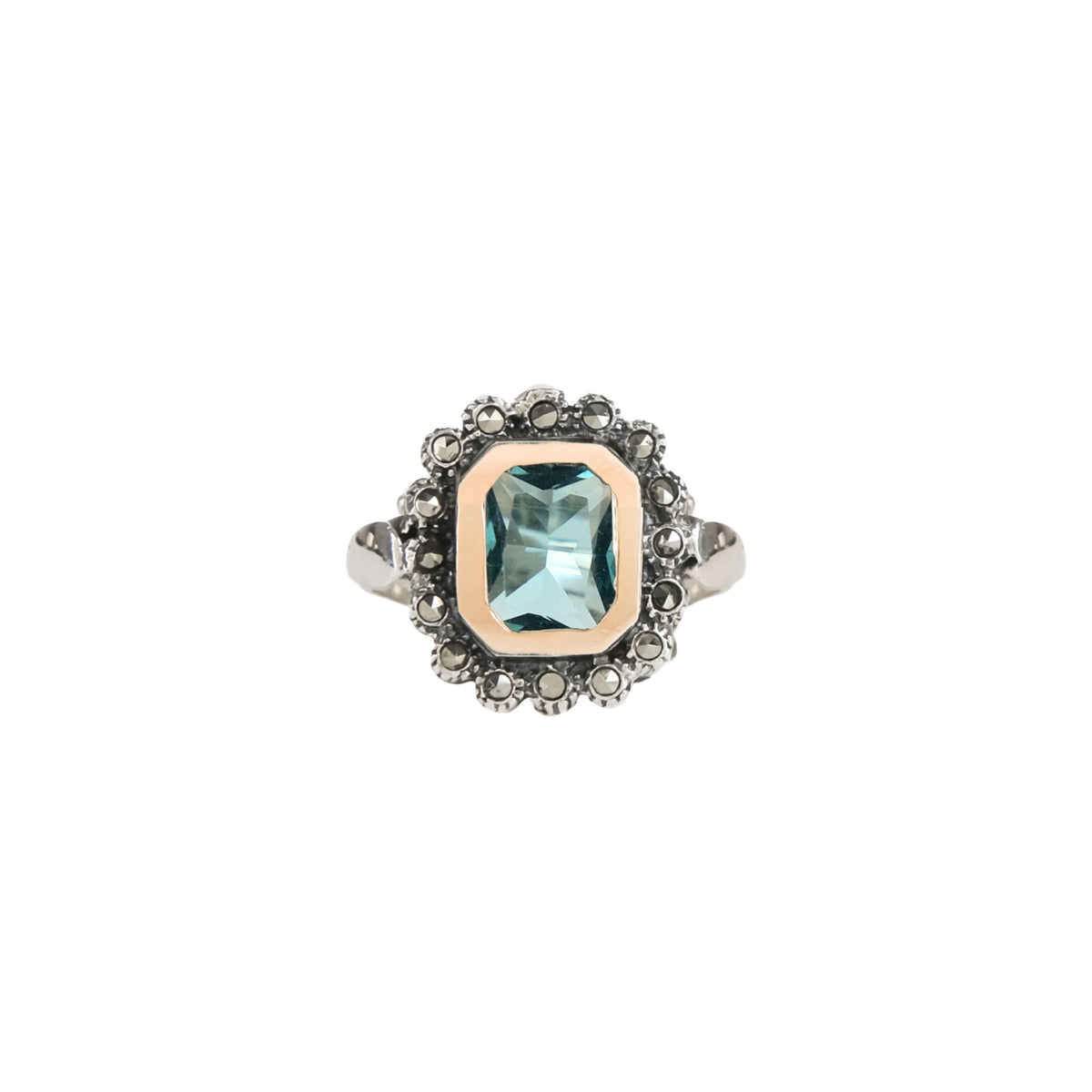 Anel Azul XL Marcassites em Prata e Ouro