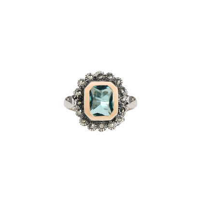 Anel Azul XL Marcassites em Prata e Ouro