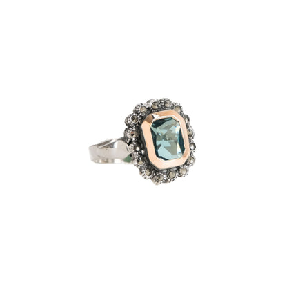 Anel Azul XL Marcassites em Prata e Ouro