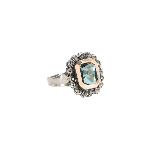 Anel Azul XL Marcassites em Prata e Ouro