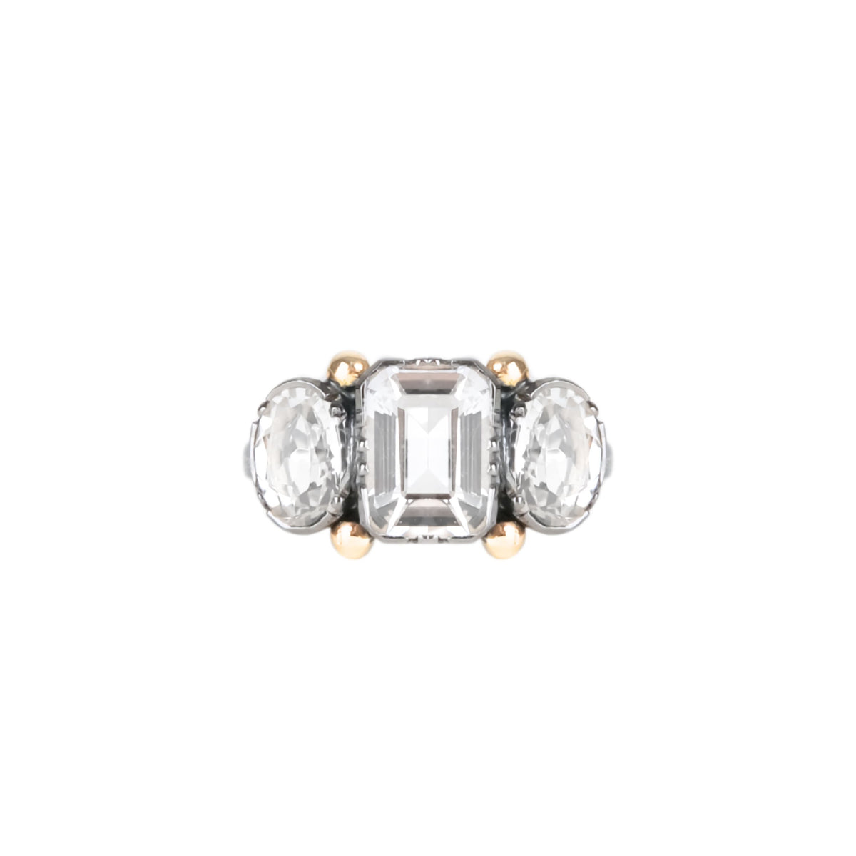 Anel Trio Rectangular Cristal de Rocha em Prata e Ouro