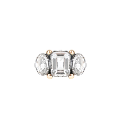 Anel Trio Rectangular Cristal de Rocha em Prata e Ouro