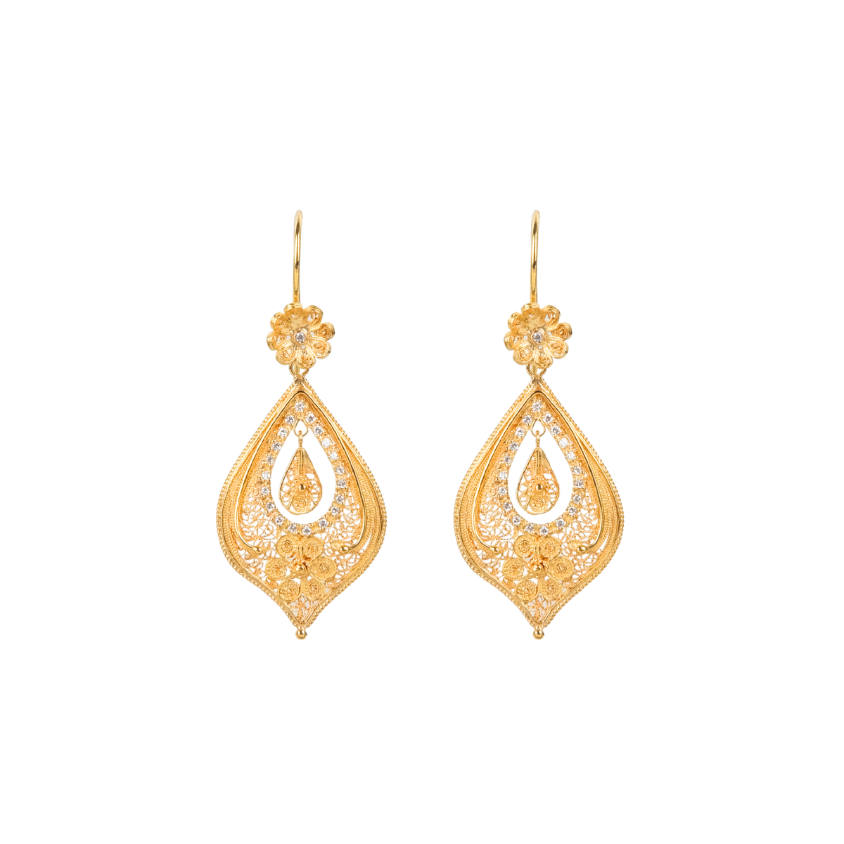 Brincos Lágrima Flor em Ouro 19,2Kt com Diamantes
