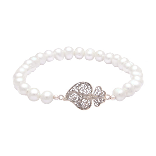 Pulseira Coração de Viana em Prata com Pérolas