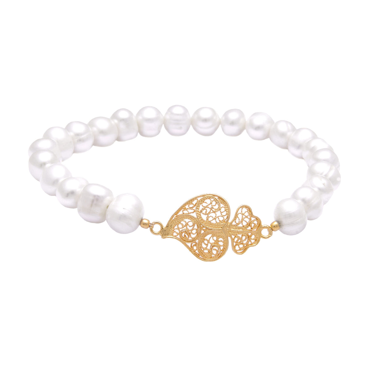 Pulseira Coração de Viana em Prata Dourada com Pérolas