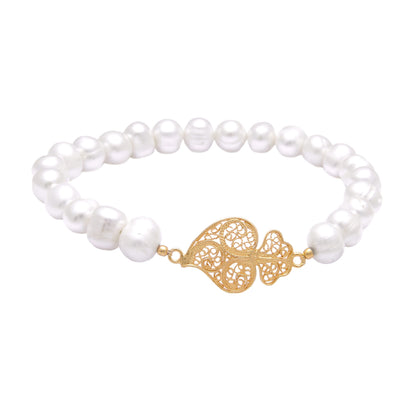 Pulseira Coração de Viana em Prata Dourada com Pérolas