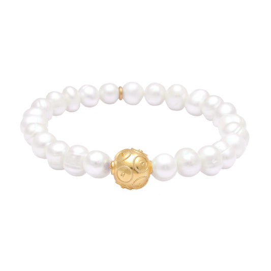 Pulseira com Conta de Viana em Prata Dourada com Pérolas