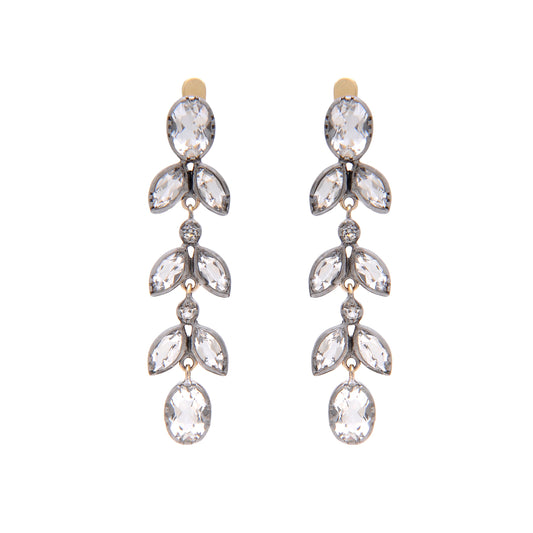 Brincos Folhas XL Cristal de Rocha em Prata e Ouro