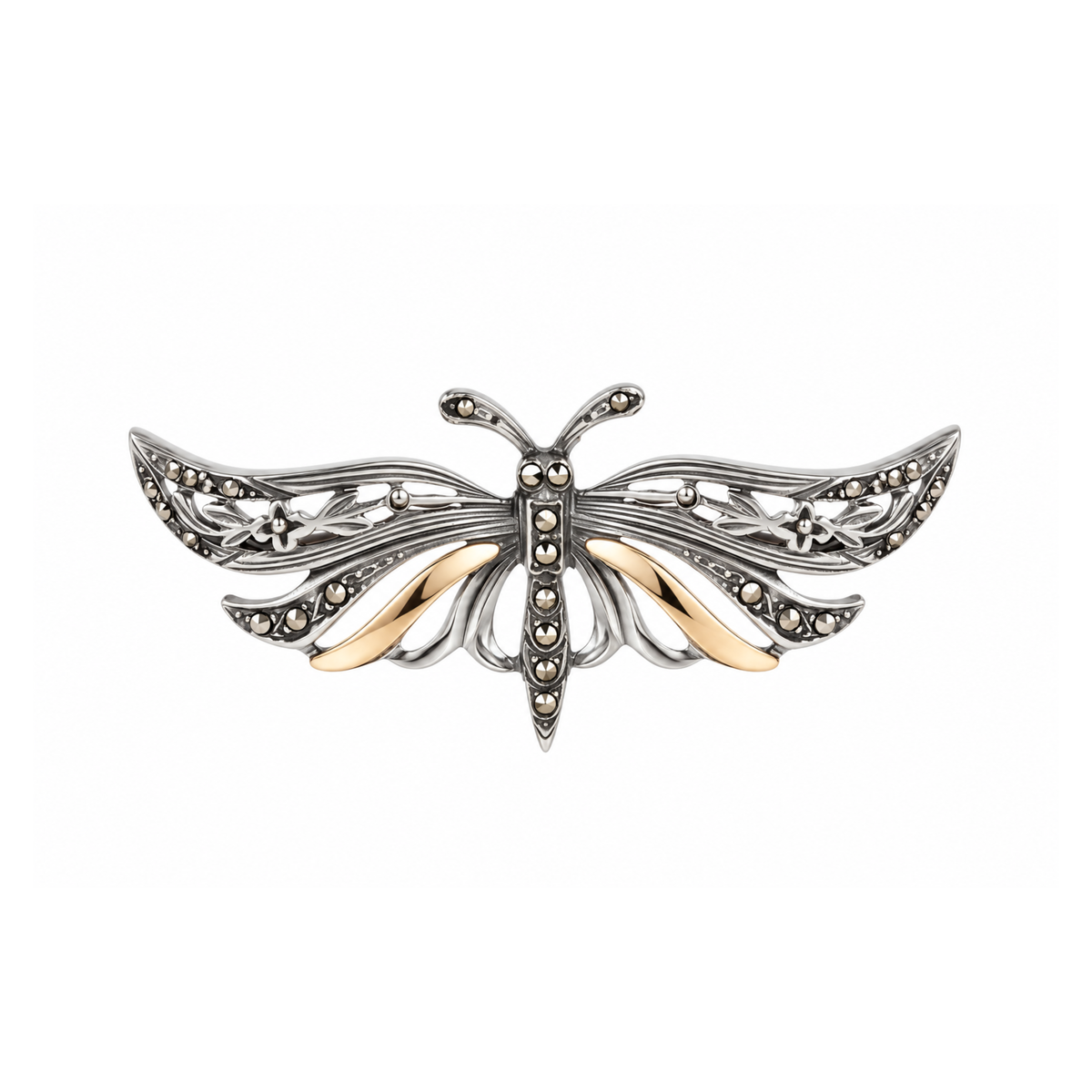 Alfinete Borboleta com Marcassites em Prata e Ouro