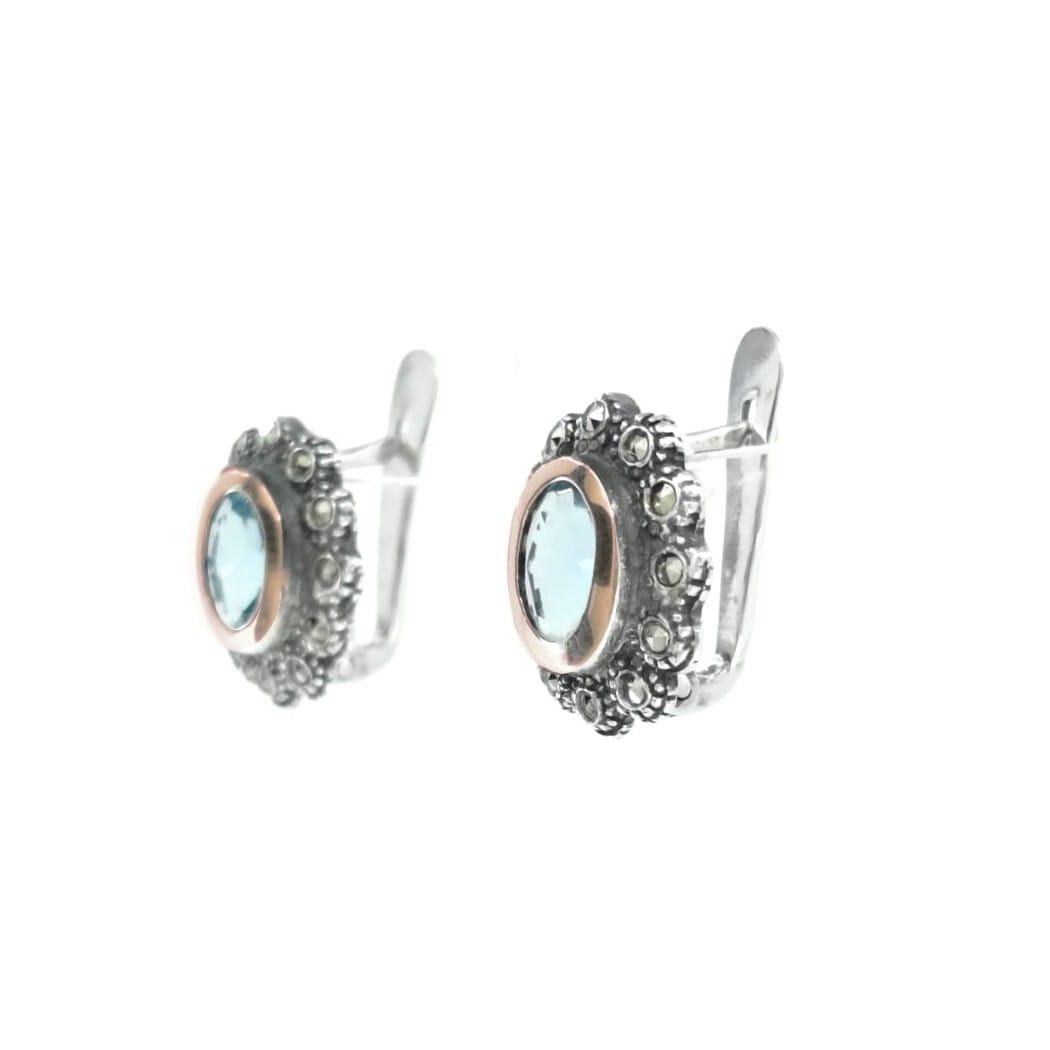 Brincos Azul Marcassites em Prata e Ouro