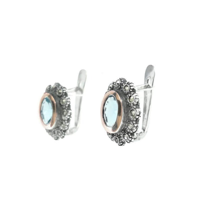 Brincos Azul Marcassites em Prata e Ouro