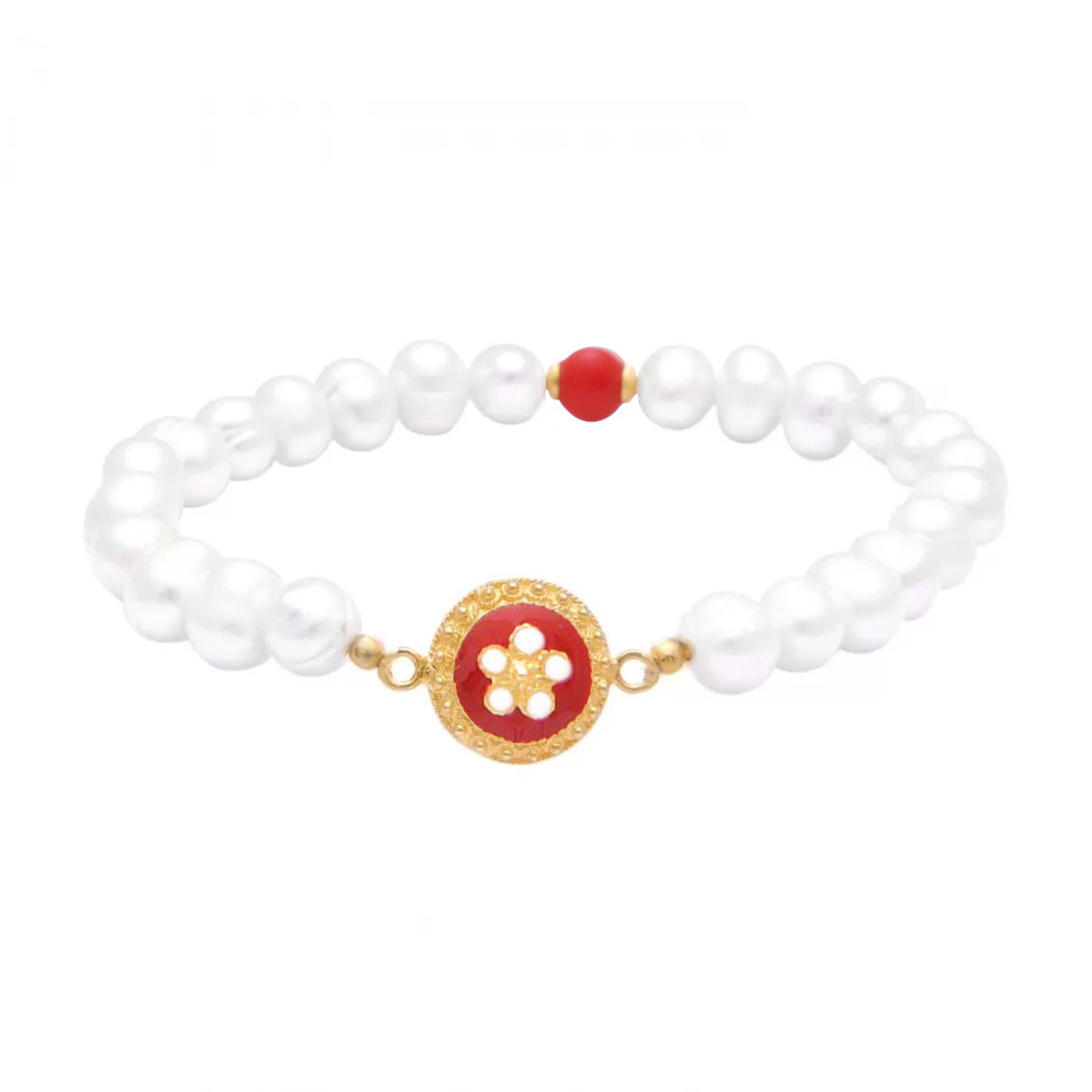 Pulseira Caramujo Vermelho em Prata Dourada com Pérolas