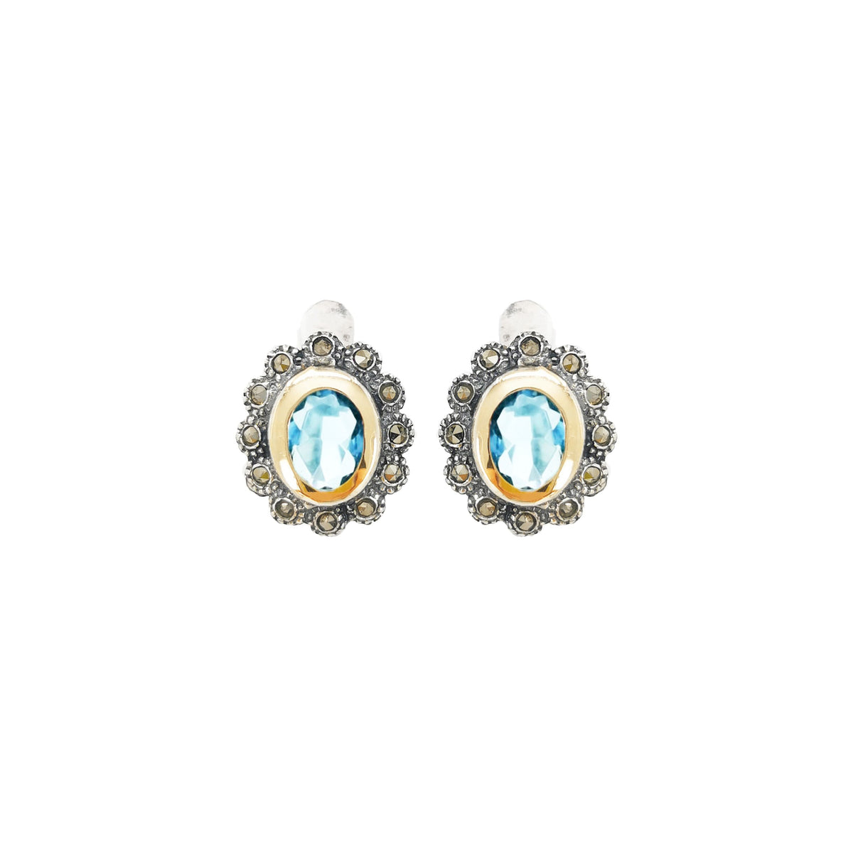 Brincos Azul Marcassites em Prata e Ouro